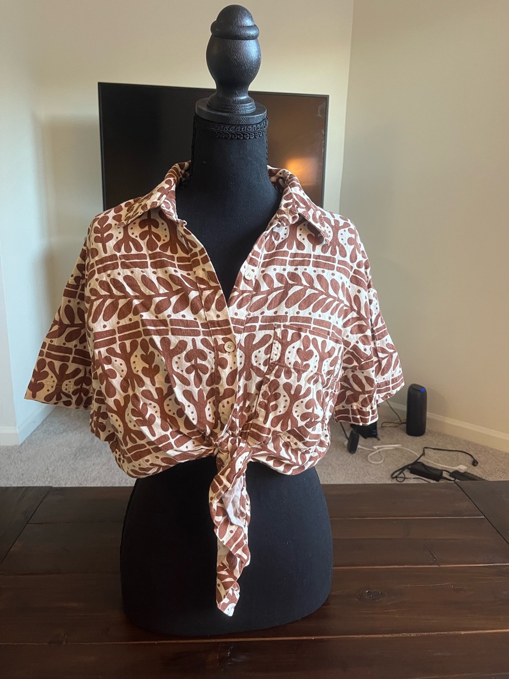 ZARA Brown and Cream Printed Tie-Front Blouse